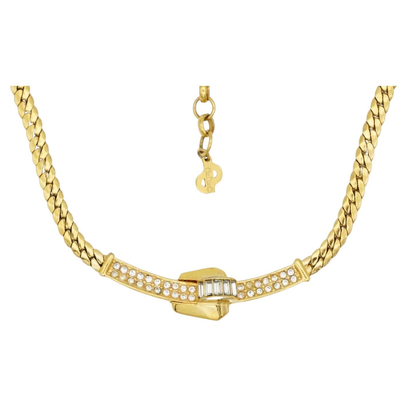 Christian Dior Vintage 1980s Crystals Lock Long Bar Twist Pendant Gold Necklace For Sale