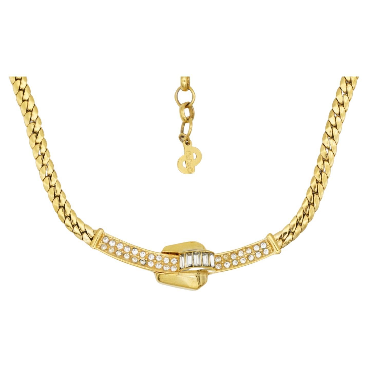 Christian Dior Vintage 1980s Crystals Lock Long Bar Twist Pendant Gold Necklace