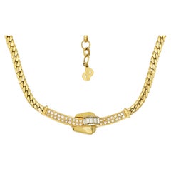 Christian Dior Vintage 1980s Crystals Lock Long Bar Twist Pendant Gold Necklace