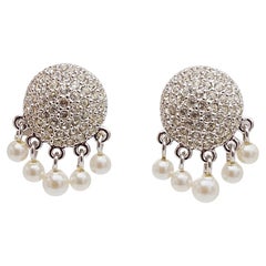 Christian Dior Vintage 1980s Crystals Round Tassel Pearls Drop Silver Earrings
