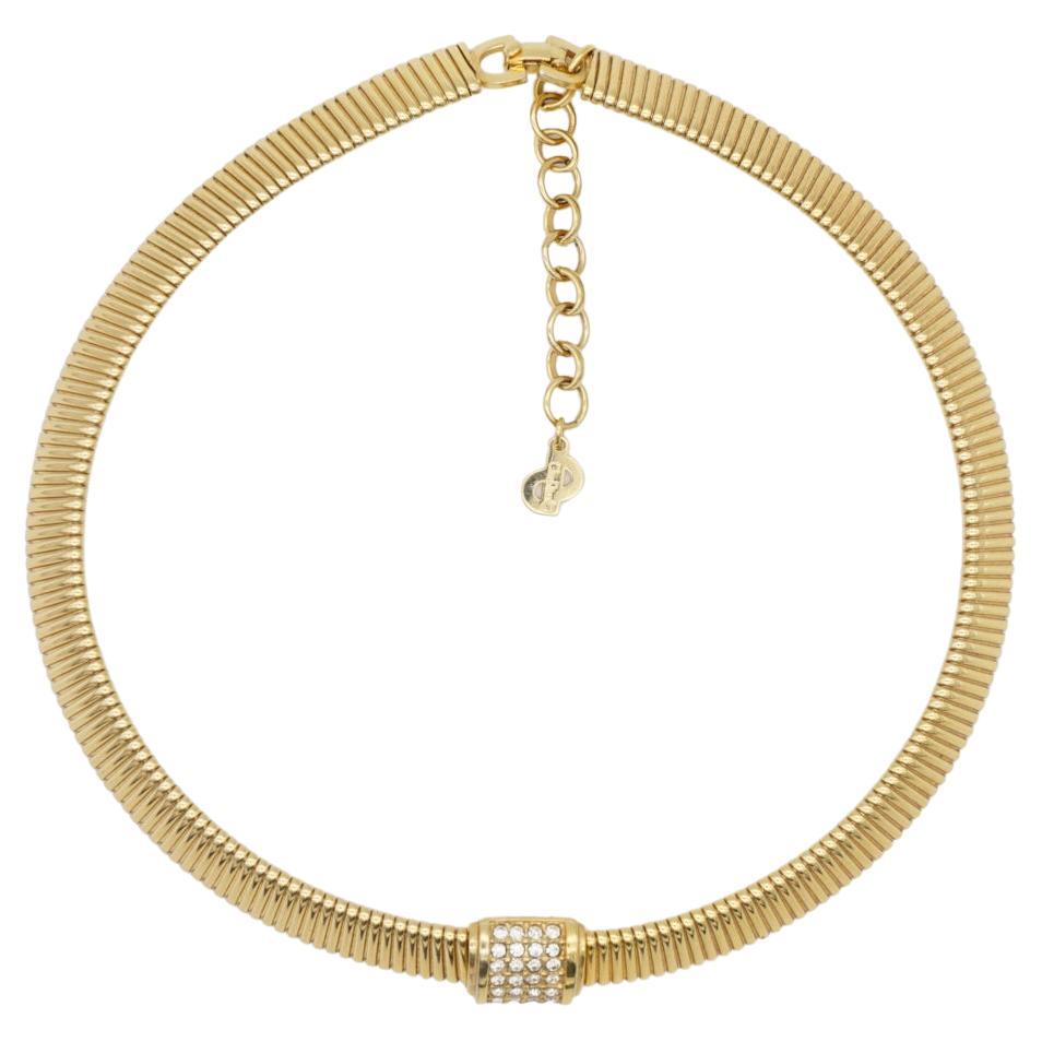Christian Dior Vintage 1980 Crystals Square Choker Pendant Omega Gold Necklace