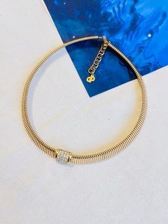 Christian Dior Vintage 1980s Crystals Square Pendant Omega Choker Gold Necklace