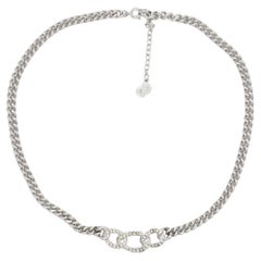 Christian Dior Vintage 1980s Crystals Trio Interlock Hoop Chain Silver Necklace