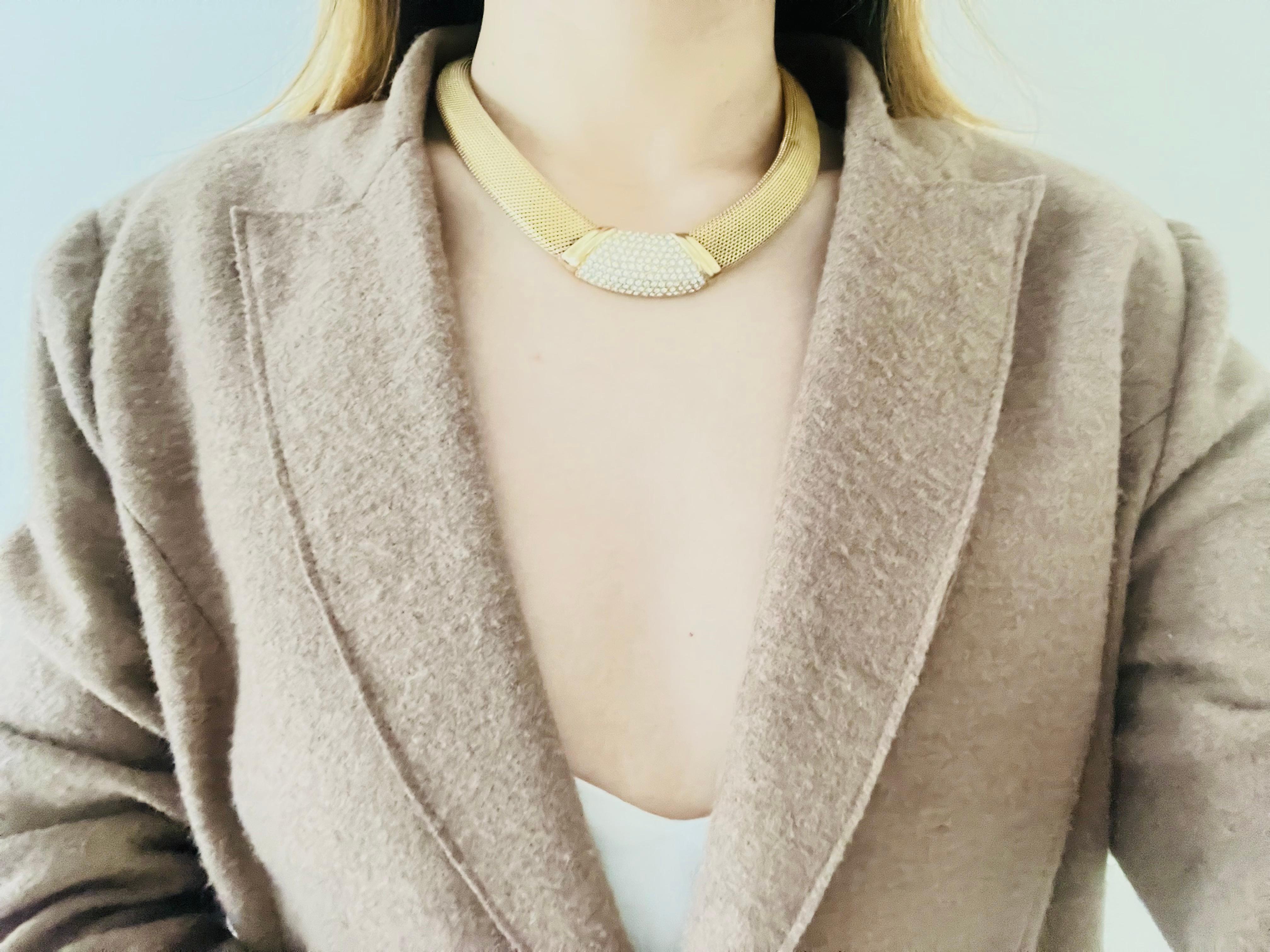 Christian Dior Vintage 1980s Crystals Wide Chunky Woven Mesh Omega Necklace 1