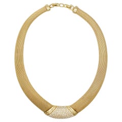 Christian Dior Vintage 1980s Crystals Wide Chunky Woven Mesh Omega Necklace