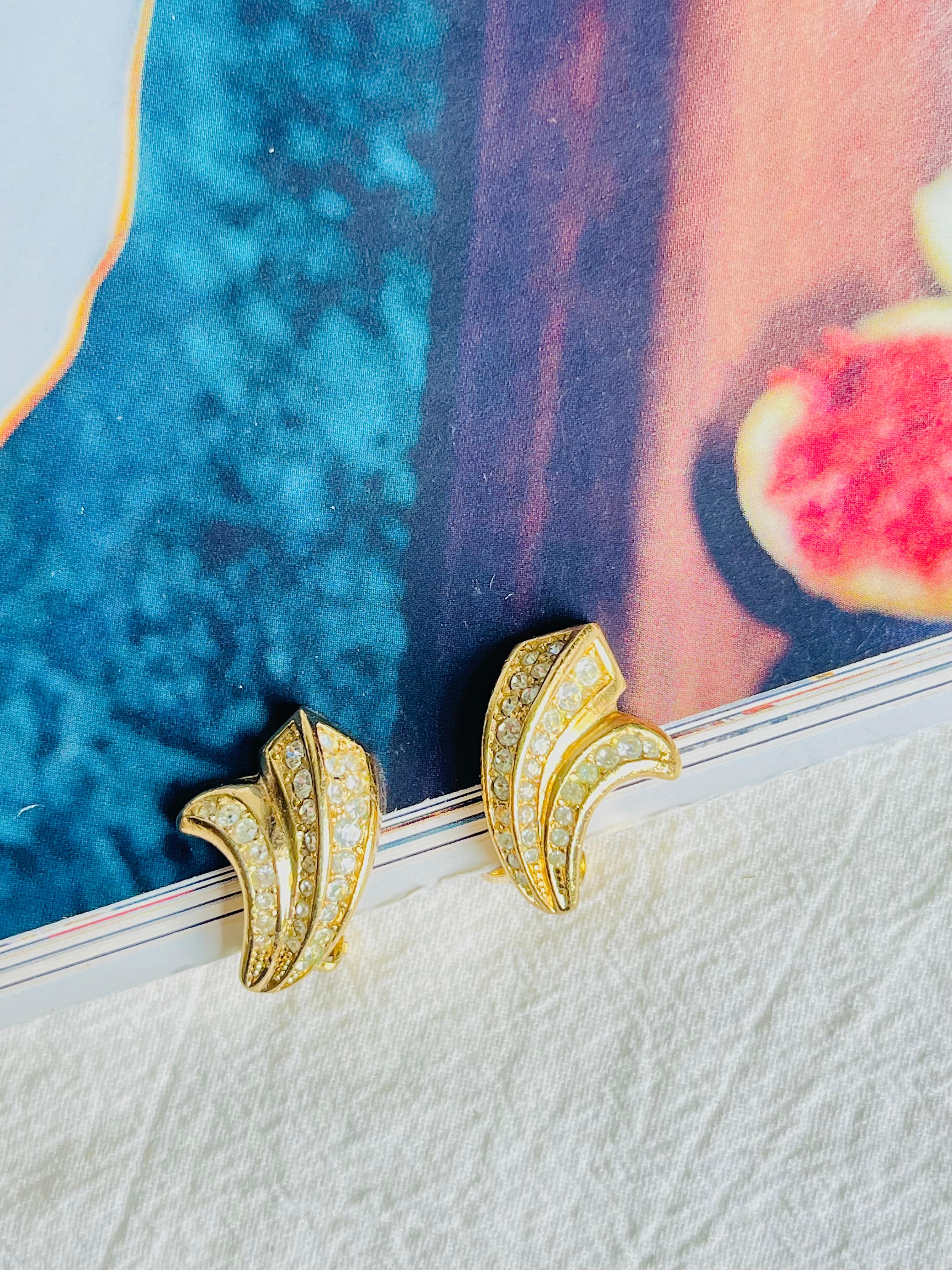 Art Deco Christian Dior Vintage 1980s Crystals Wing Petal Floral Blossom Clip Earrings For Sale