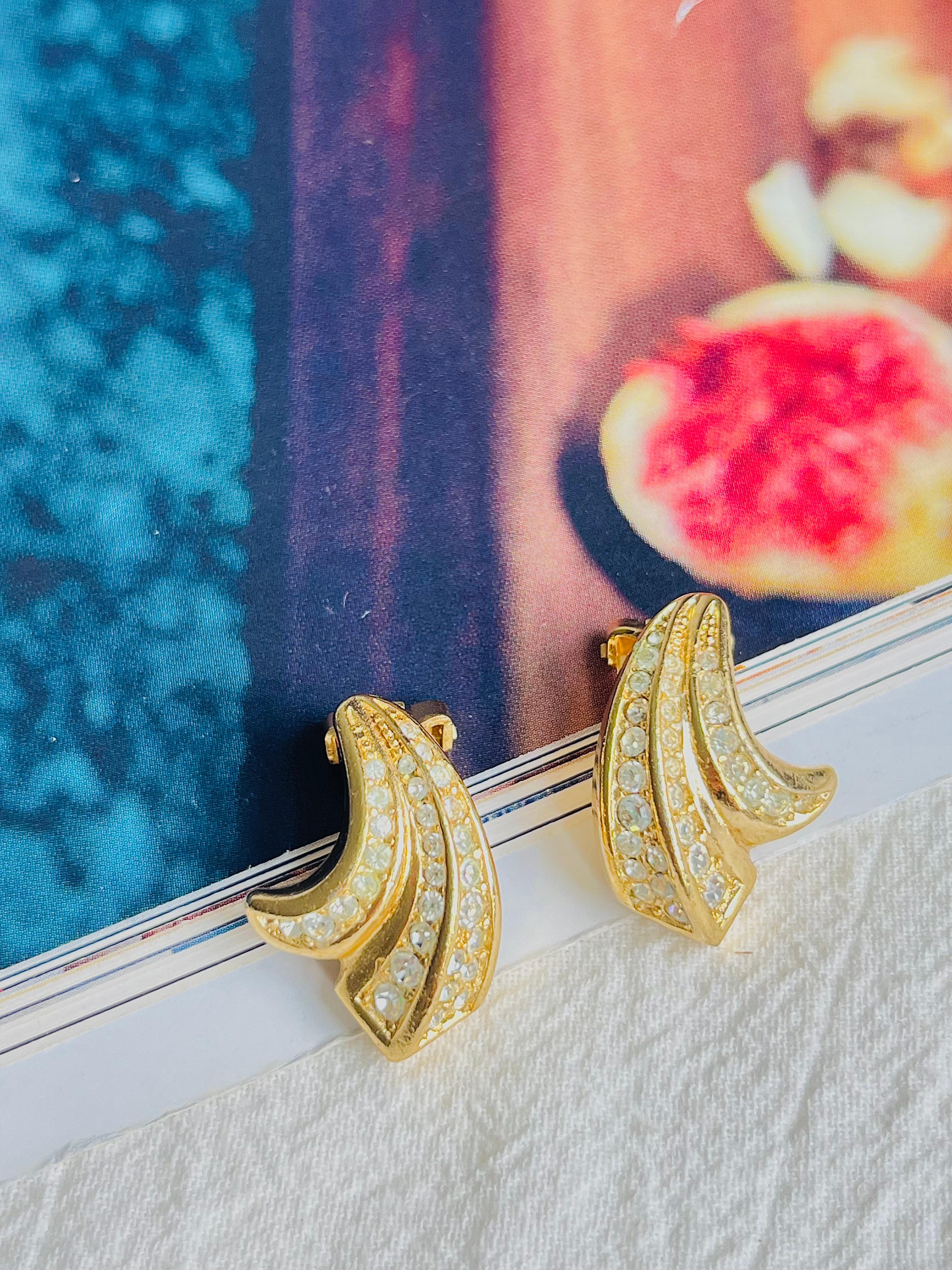 Christian Dior Vintage 1980s Crystals Wing Petal Floral Blossom Clip Earrings In Good Condition For Sale In Wokingham, England