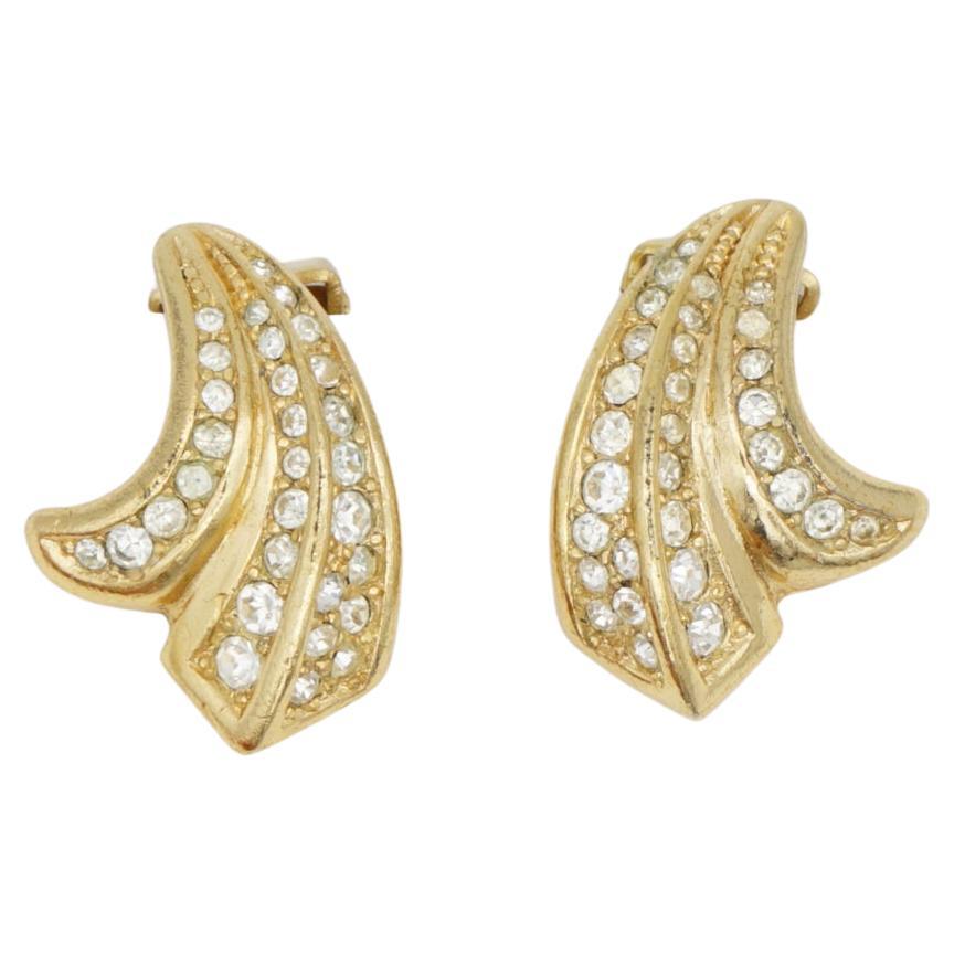 Christian Dior Vintage 1980s Crystals Wing Petal Floral Blossom Clip Earrings For Sale