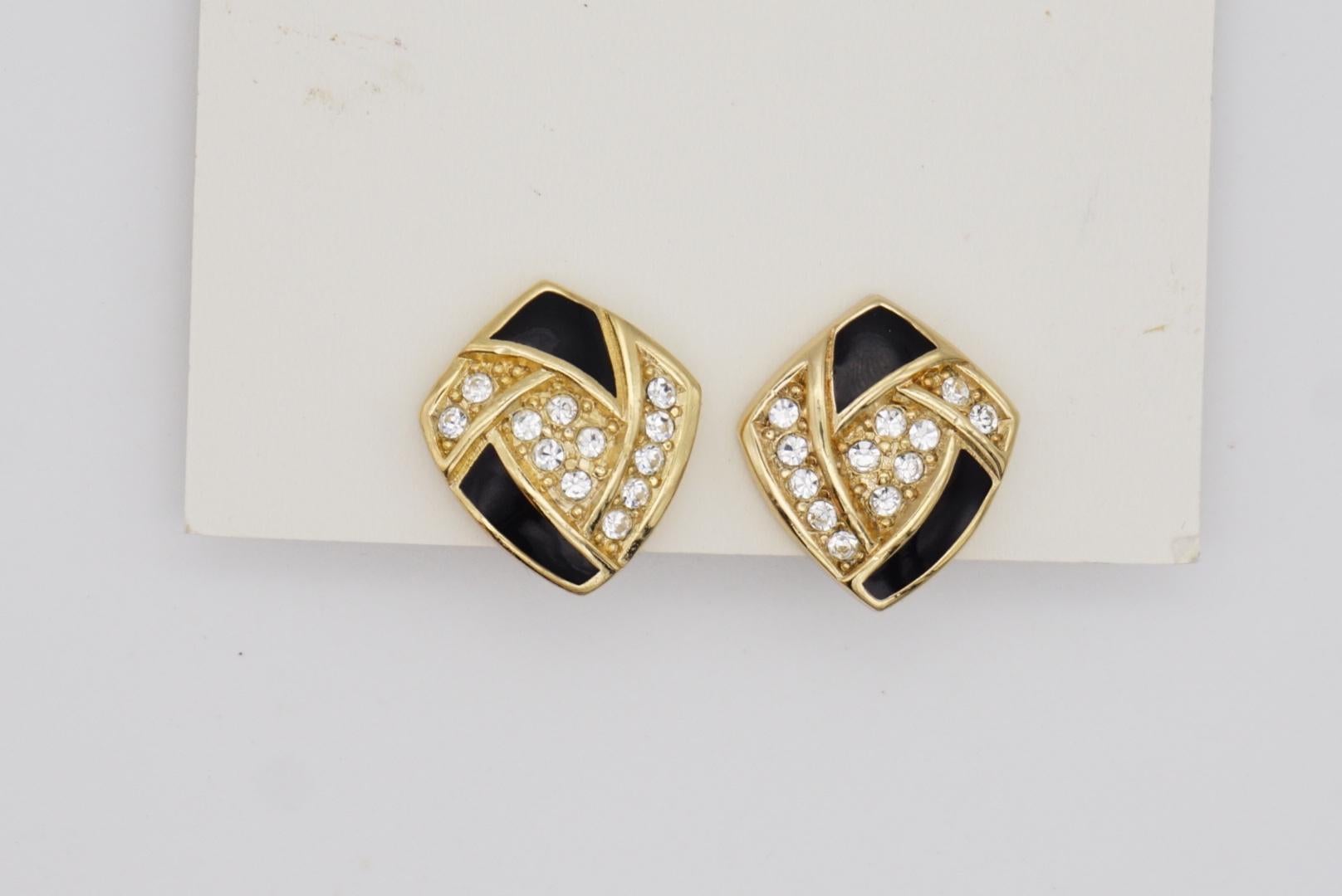 Women's or Men's Christian Dior Vintage 1980s Cube Crystals Black Enamel Gold Clip On Earrings For Sale