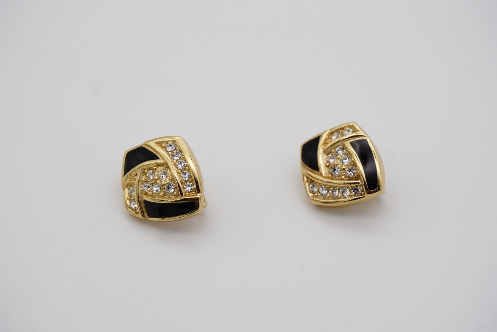 Christian Dior Vintage 1980s Cube Crystals Black Enamel Gold Clip On Earrings For Sale 1