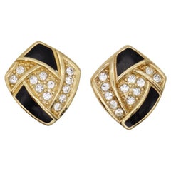Christian Dior Vintage 1980s Cube Crystals Black Enamel Gold Clip On Earrings