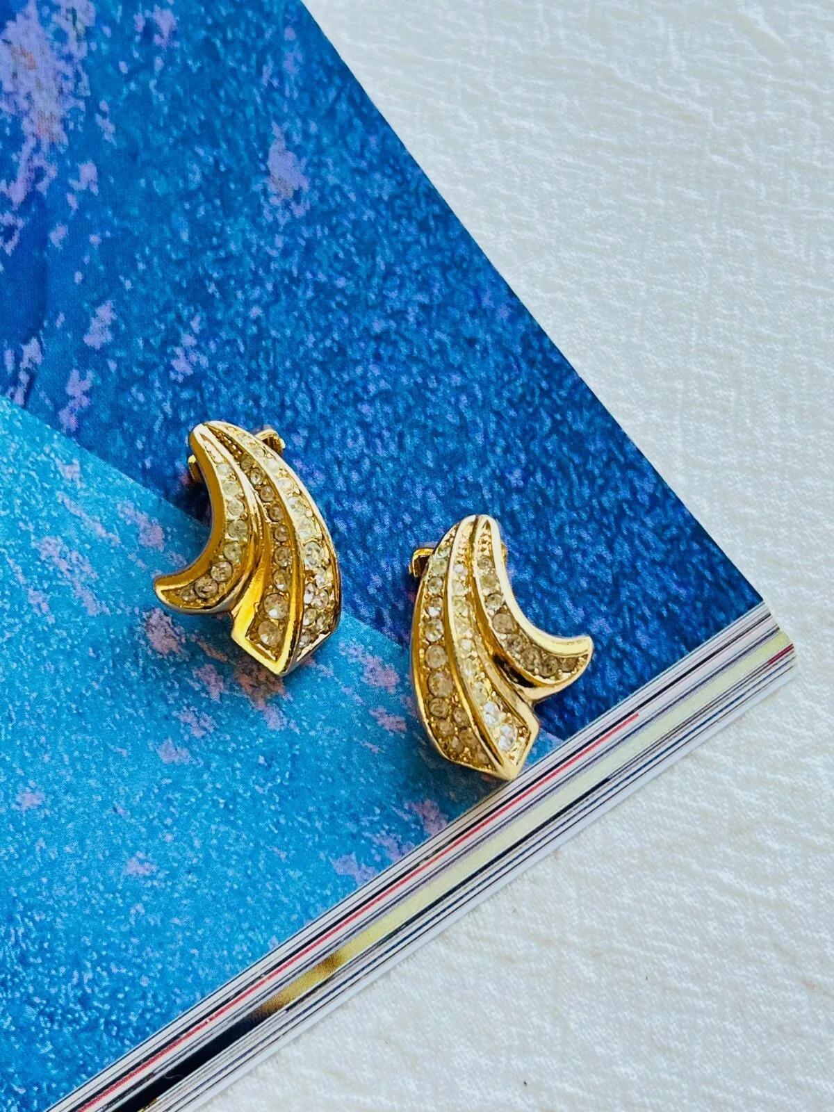 Art Nouveau Christian Dior Vintage 1980s Curled Flower Petals Crystals Leaf Clip Earrings For Sale