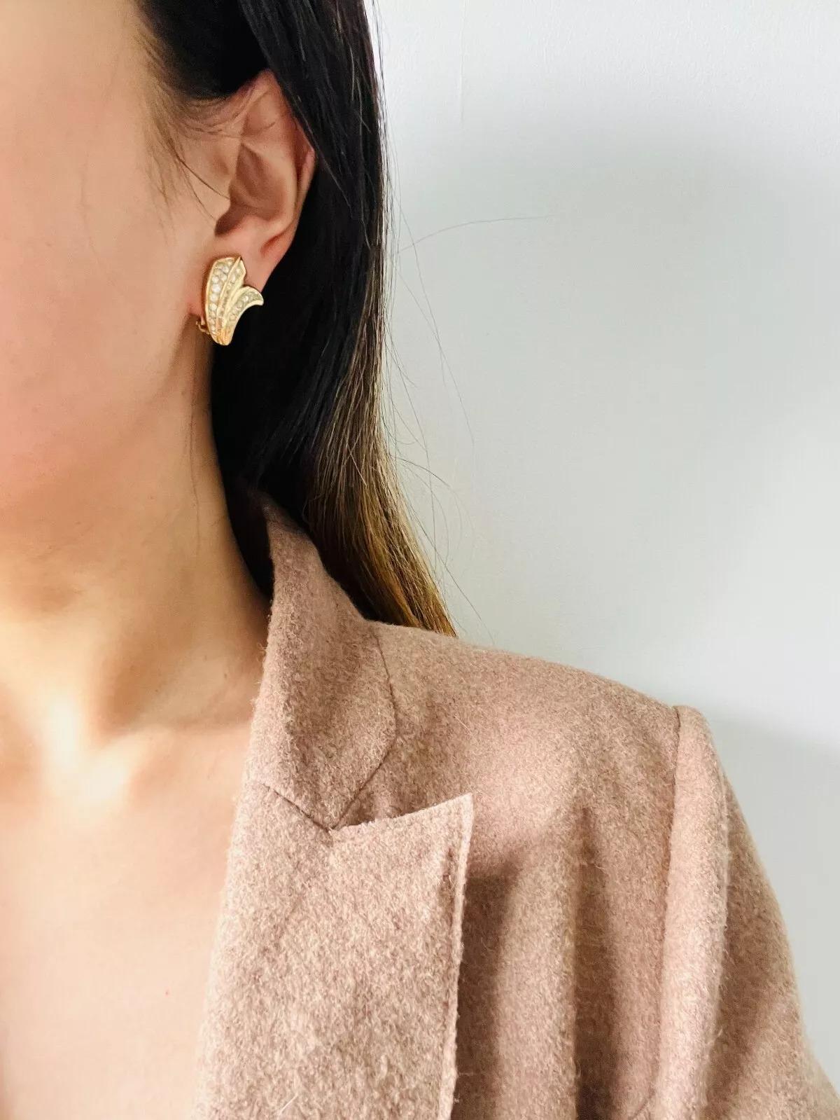 Women's or Men's Christian Dior Vintage 1980s Curled Flower Petals Crystals Leaf Clip Earrings For Sale