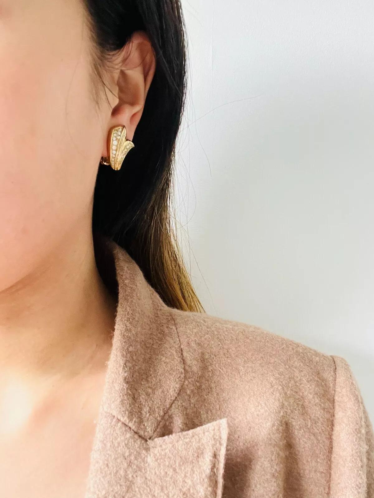 Christian Dior Vintage 1980s Curled Flower Petals Crystals Leaf Clip Earrings For Sale 1