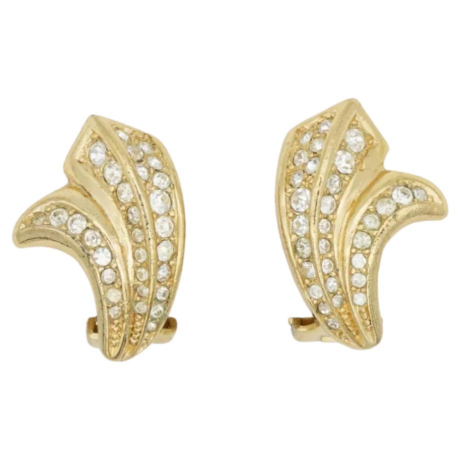 Christian Dior Vintage 1980s Curled Flower Petals Crystals Leaf Clip Earrings For Sale