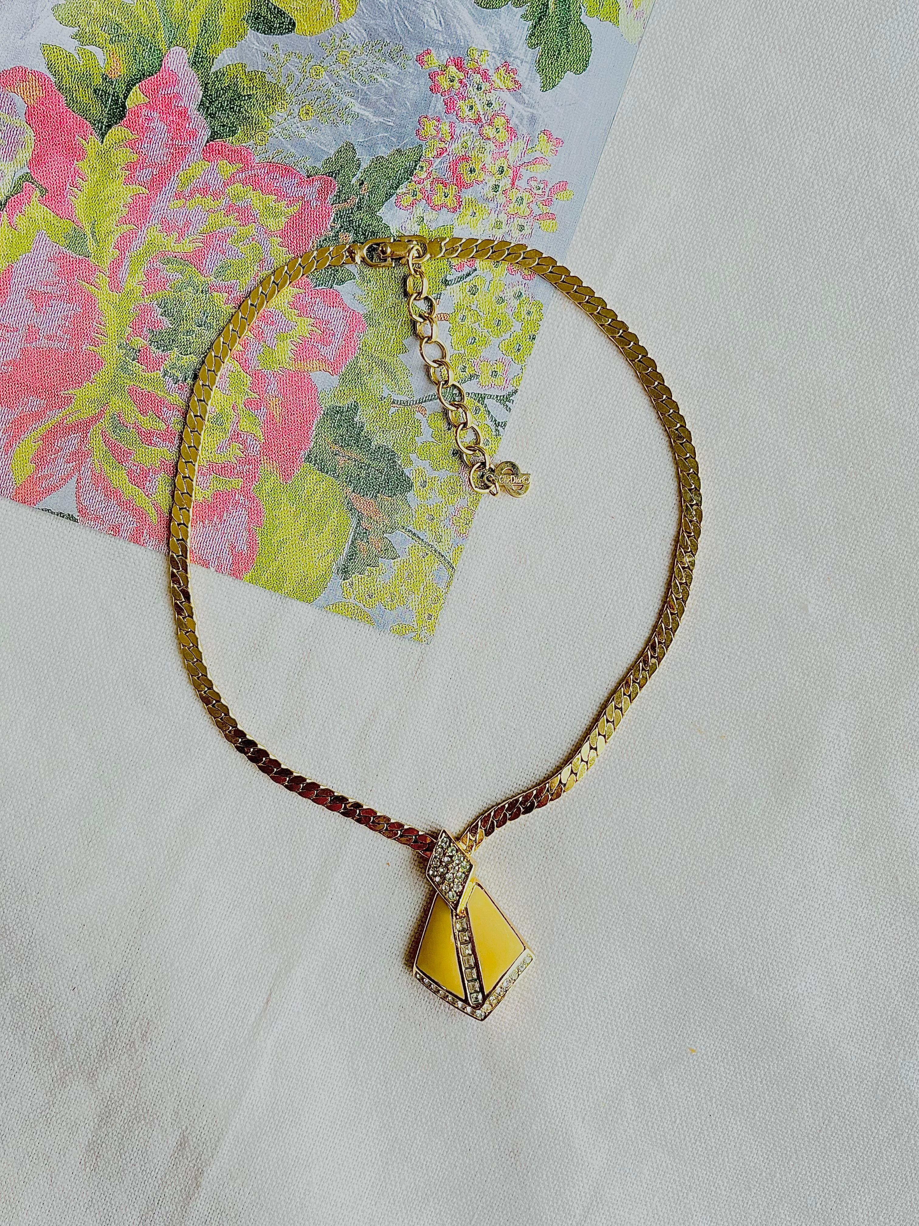 Art Nouveau Christian Dior Vintage 1980s Custard Shield Crystals Chunky Pendant Necklace For Sale
