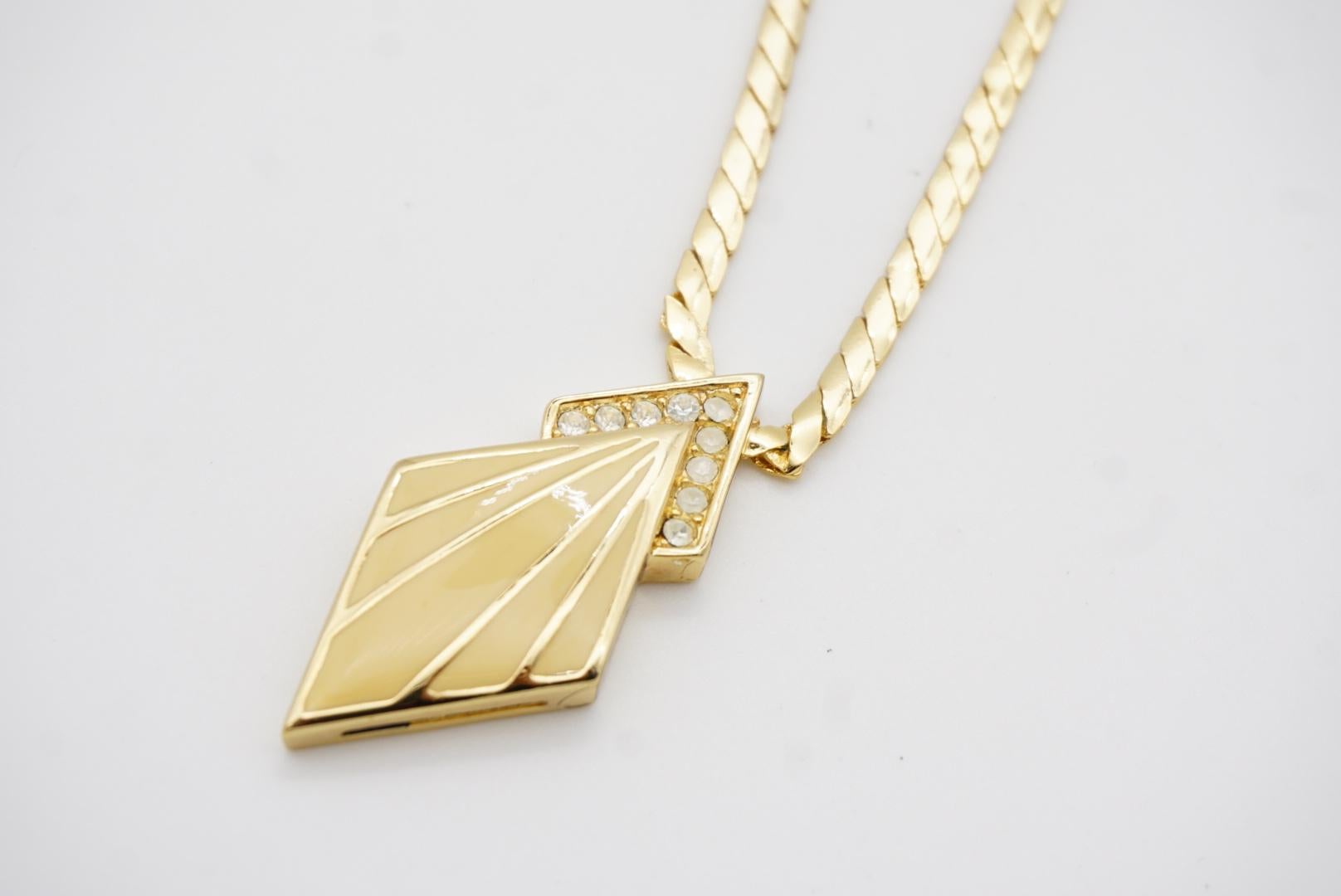Christian Dior Vintage 1980s Diamond Beige Enamel V Crystals Pendant Necklace For Sale 6