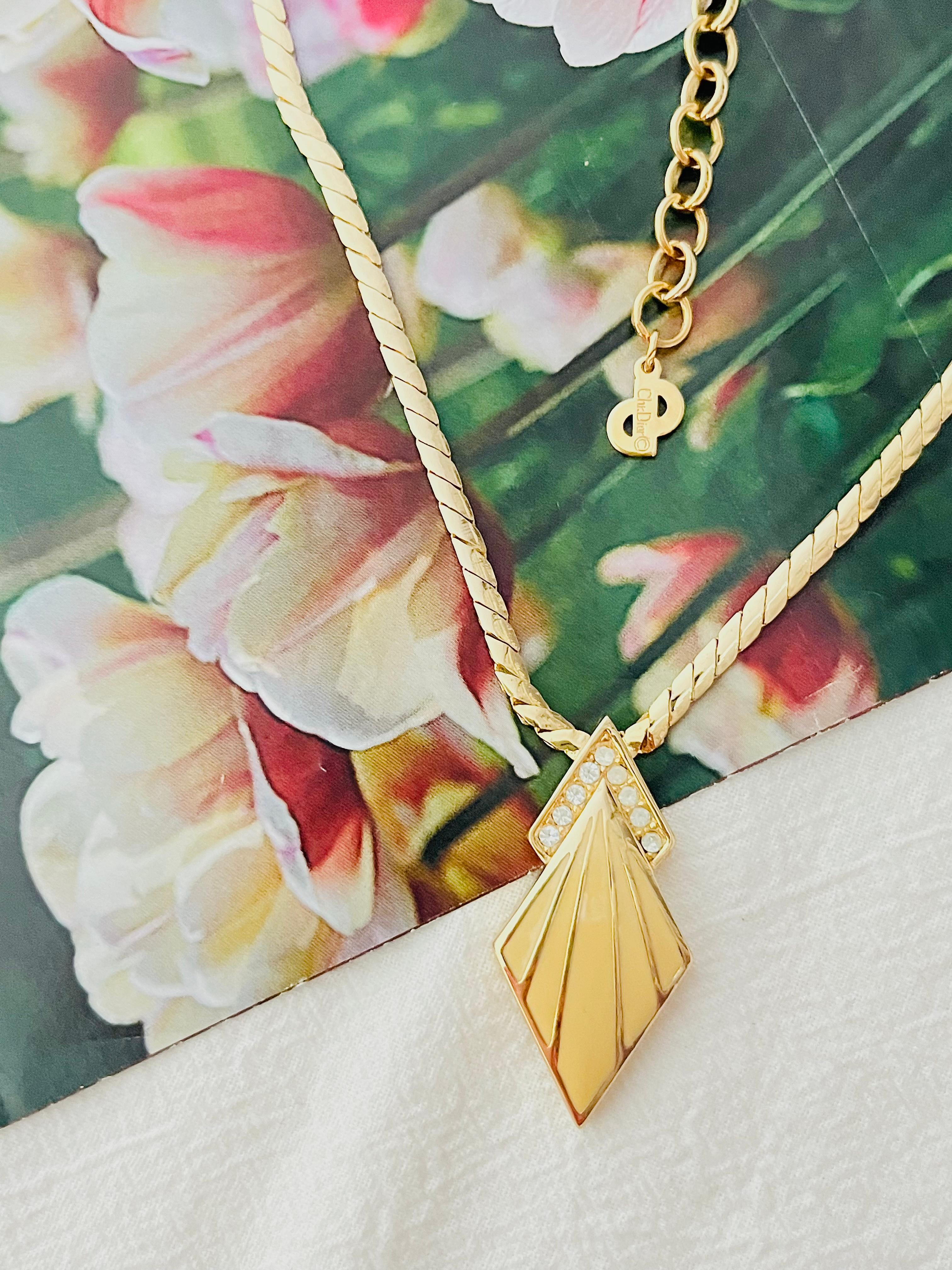 Art Deco Christian Dior Vintage 1980s Diamond Beige Enamel V Crystals Pendant Necklace For Sale