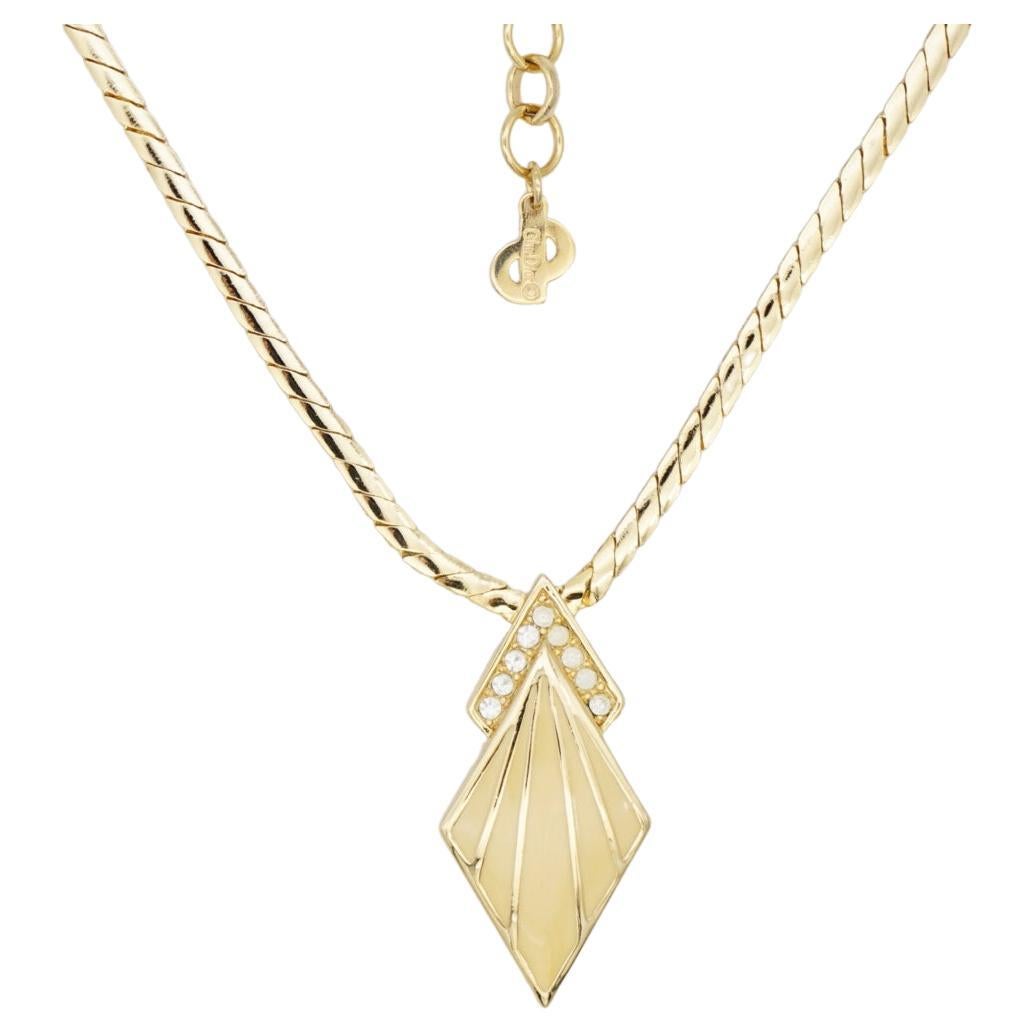 Christian Dior Vintage 1980s Diamond Beige Enamel V Crystals Pendant Necklace