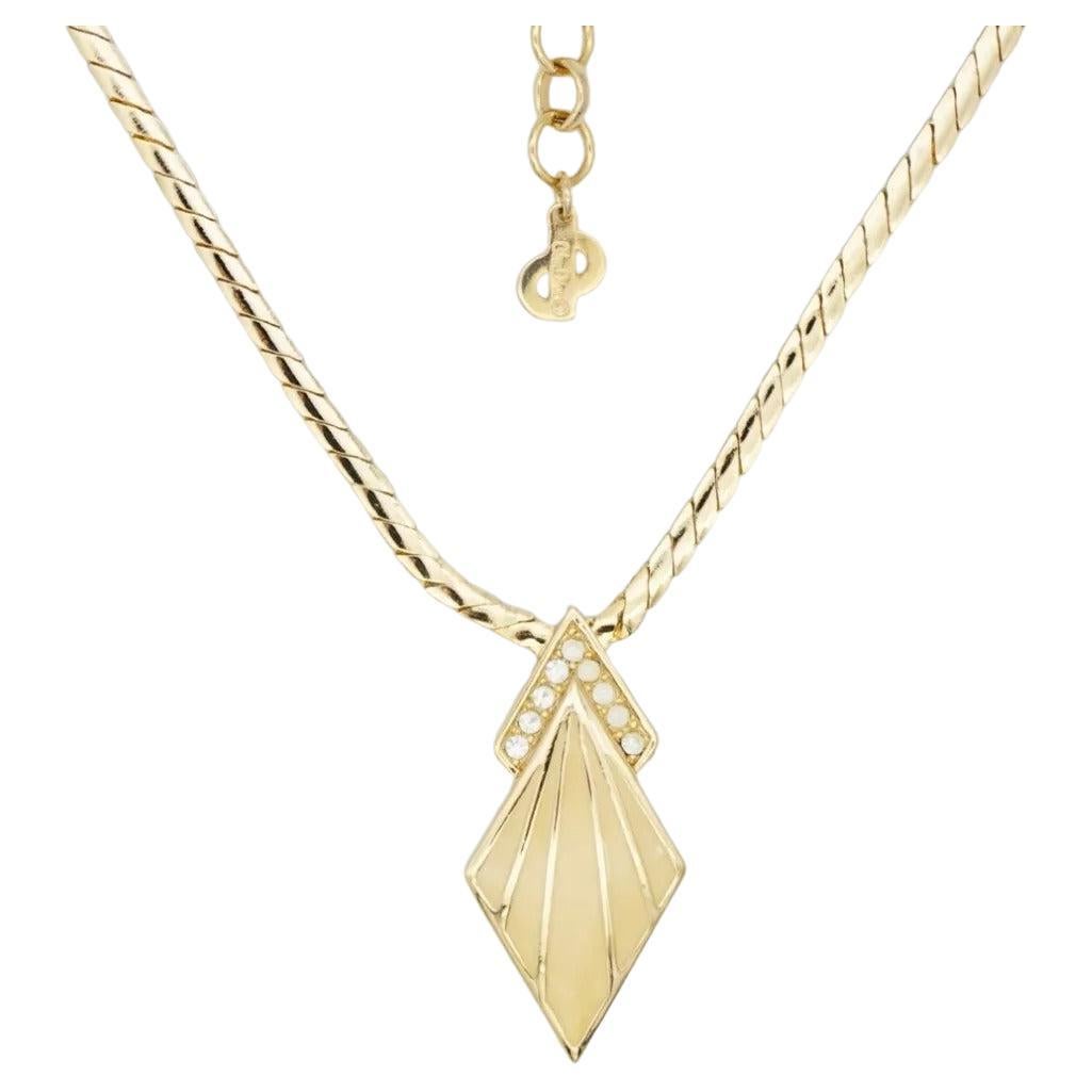 Christian Dior Vintage 1980s Diamond Beige White Cream Enamel Crystals Necklace