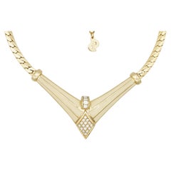 Christian Dior Vintage 1980s Diamond Crystals Beige Triangle Pendant Necklace