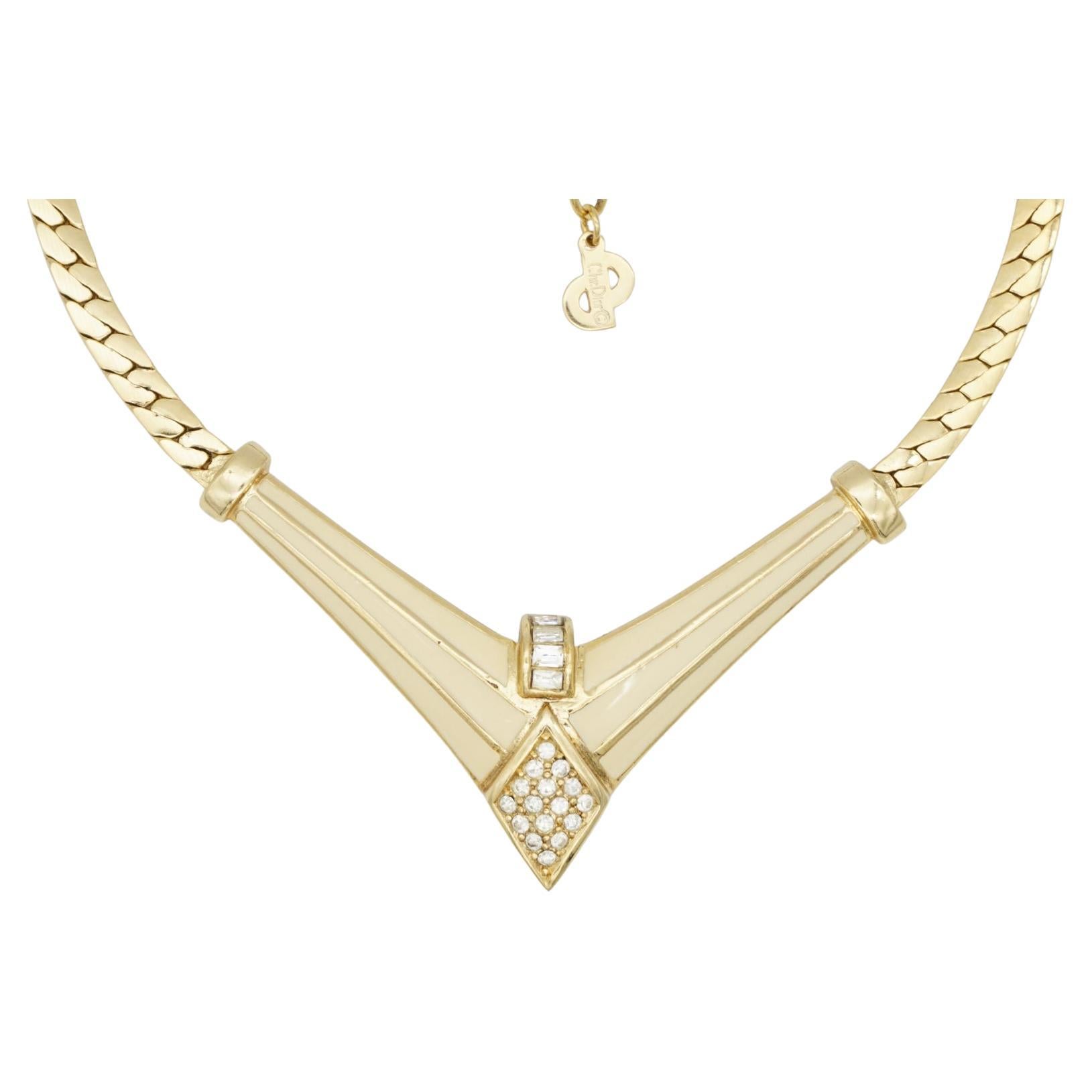 Christian Dior Vintage 1980s Diamond Crystals Beige Triangle Pendant Necklace