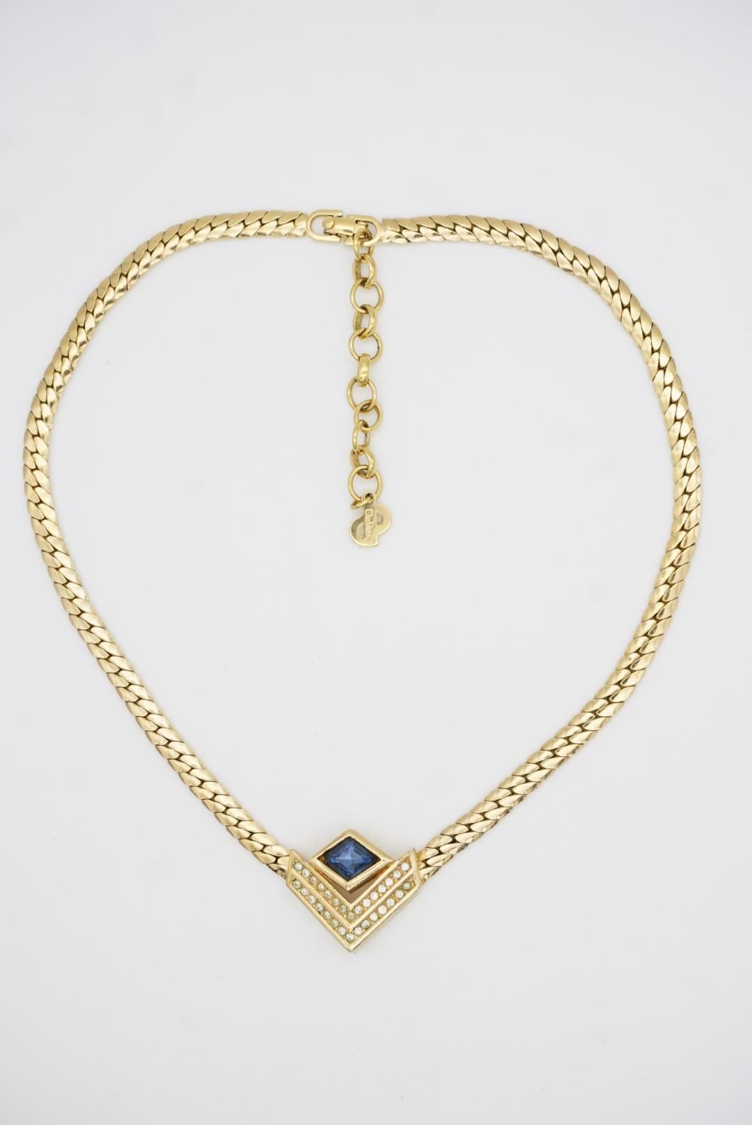 Christian Dior, collier vintage des années 1980 à double triangle en diamants, saphirs et cristaux en vente 2