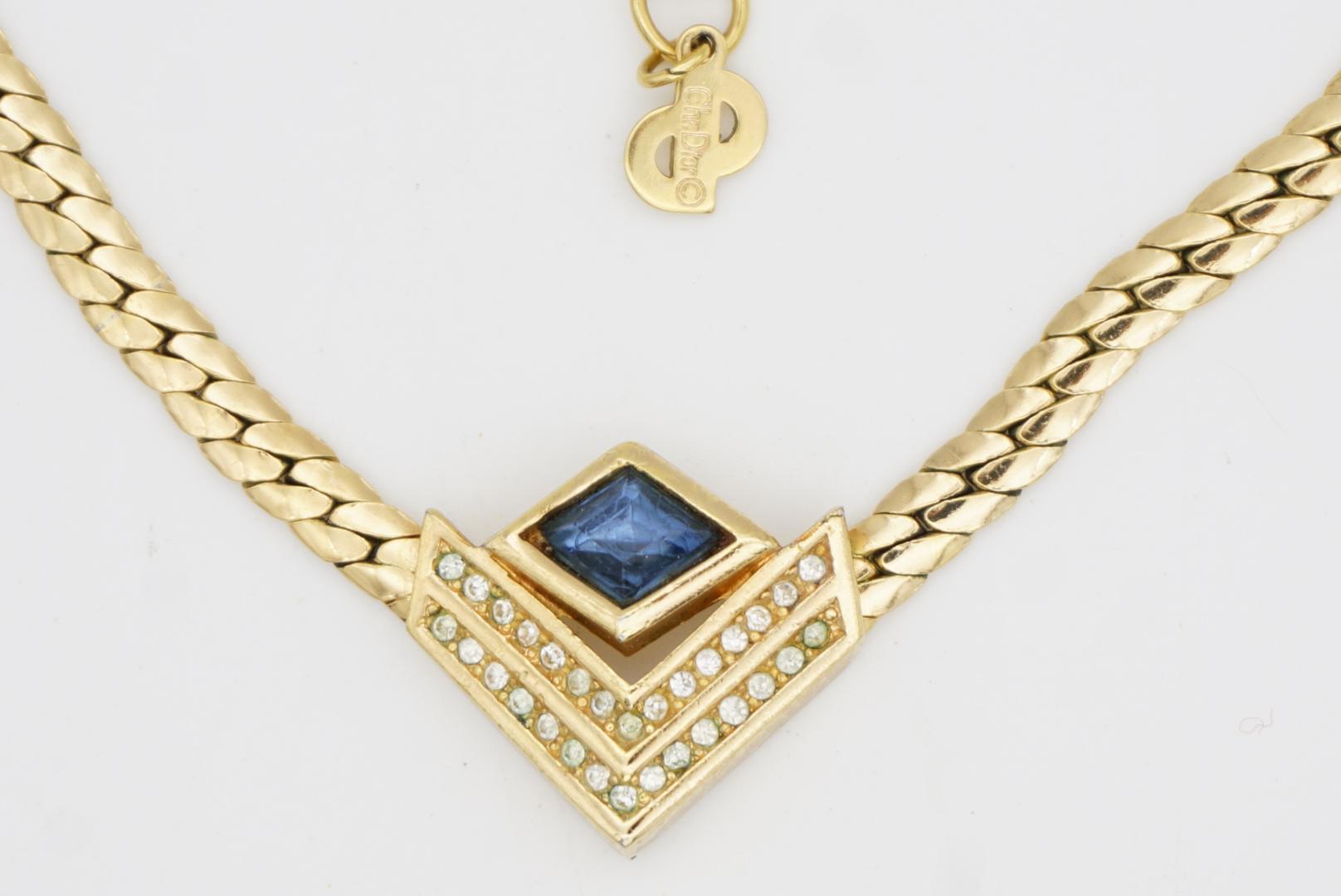 Christian Dior, collier vintage des années 1980 à double triangle en diamants, saphirs et cristaux en vente 3