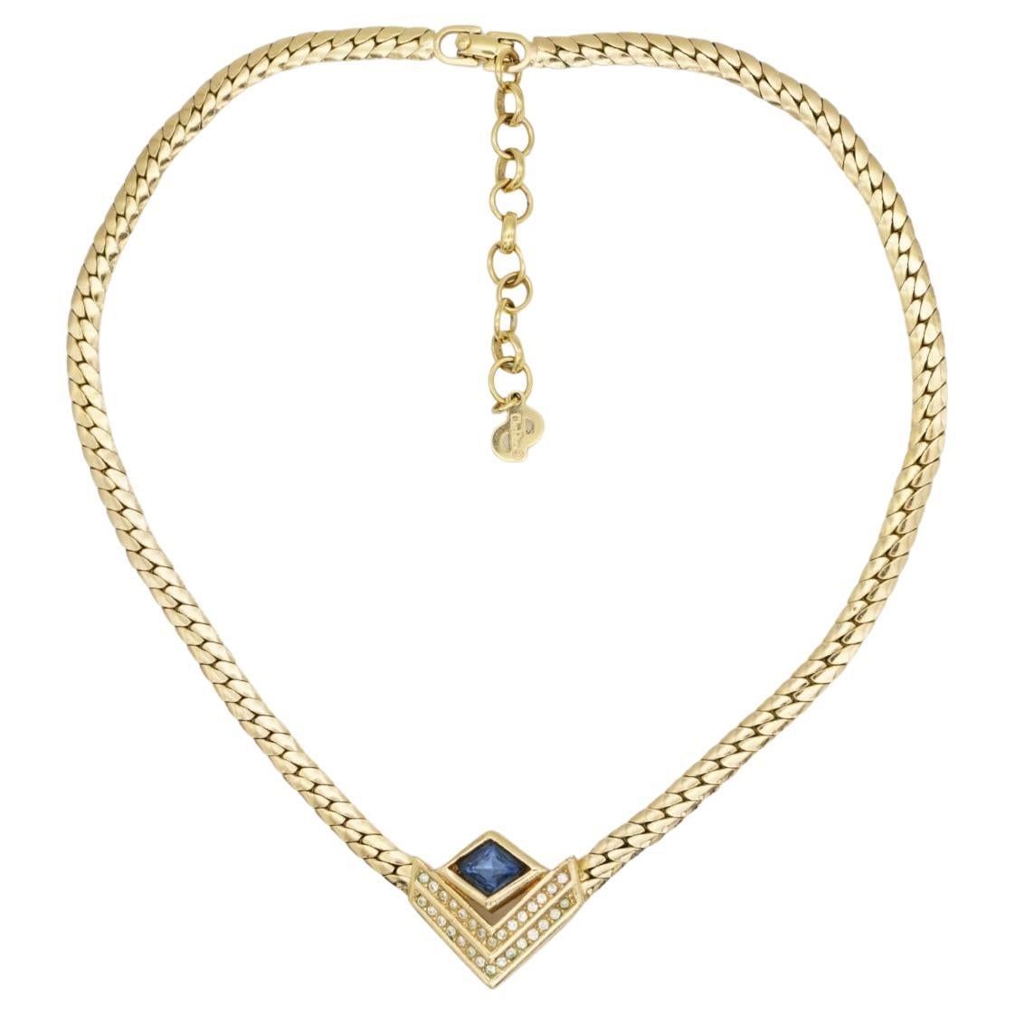 Christian Dior Vintage 1980s Diamond Sapphire Double Crystals Triangle Necklace For Sale