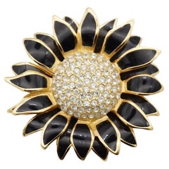 Christian Dior Vintage 1980s Double Layer Sunflower Crystals Black Petal Brooch