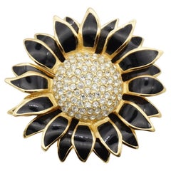 Christian Dior Vintage 1980s Double Layer Sunflower Crystals Black Petal Brooch