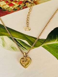 Christian Dior Vintage 1980s Double Logo CD Ripple Heart Love Pendant Necklace