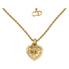 Christian Dior Vintage 1980s Double Logo CD Ripple Heart Love Pendant Necklace