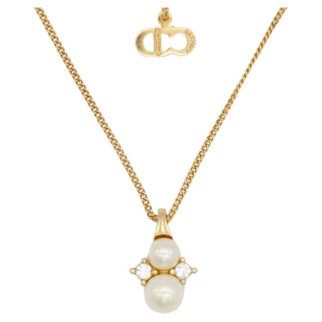 Christian Dior Vintage 1980s Double Pearls Crystals Elegant Gold Chain Necklace