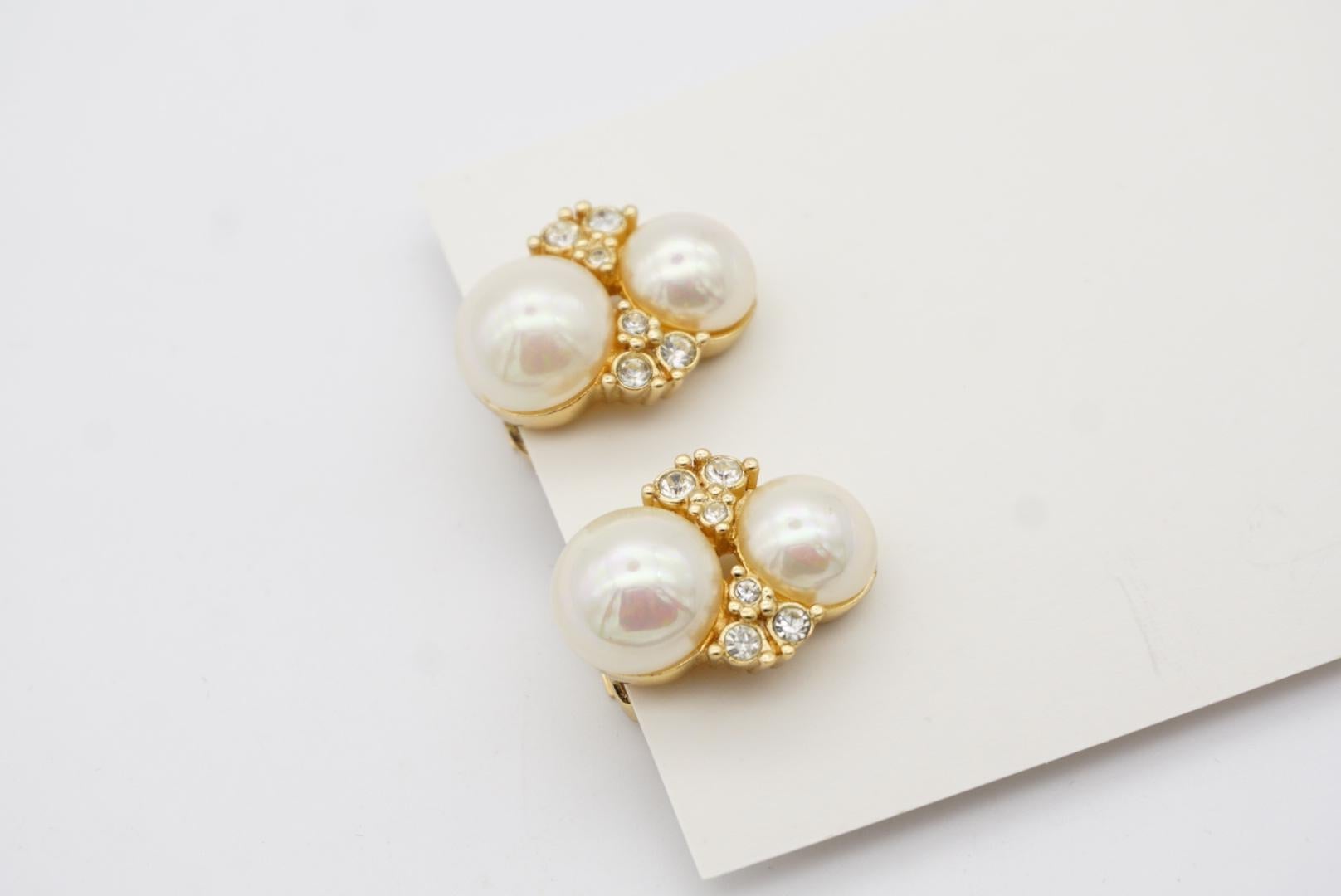 Christian Dior Vintage 1980s Double Round White Pearl Crystal Gold Clip Earrings For Sale 1