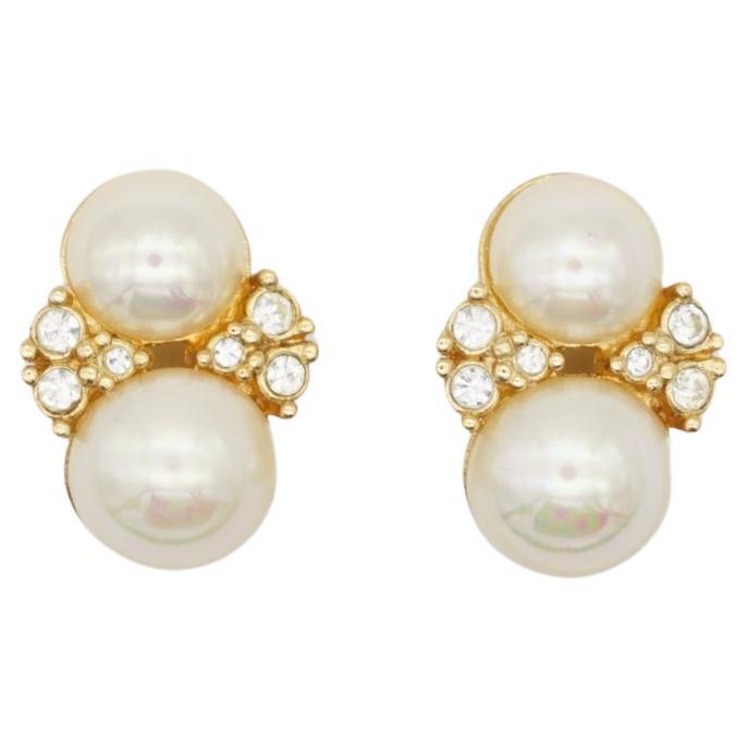 Christian Dior Vintage 1980s Double Round White Pearl Crystal Gold Clip Earrings For Sale