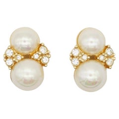 Christian Dior Vintage 1980s Double Round White Pearl Crystal Gold Clip Earrings