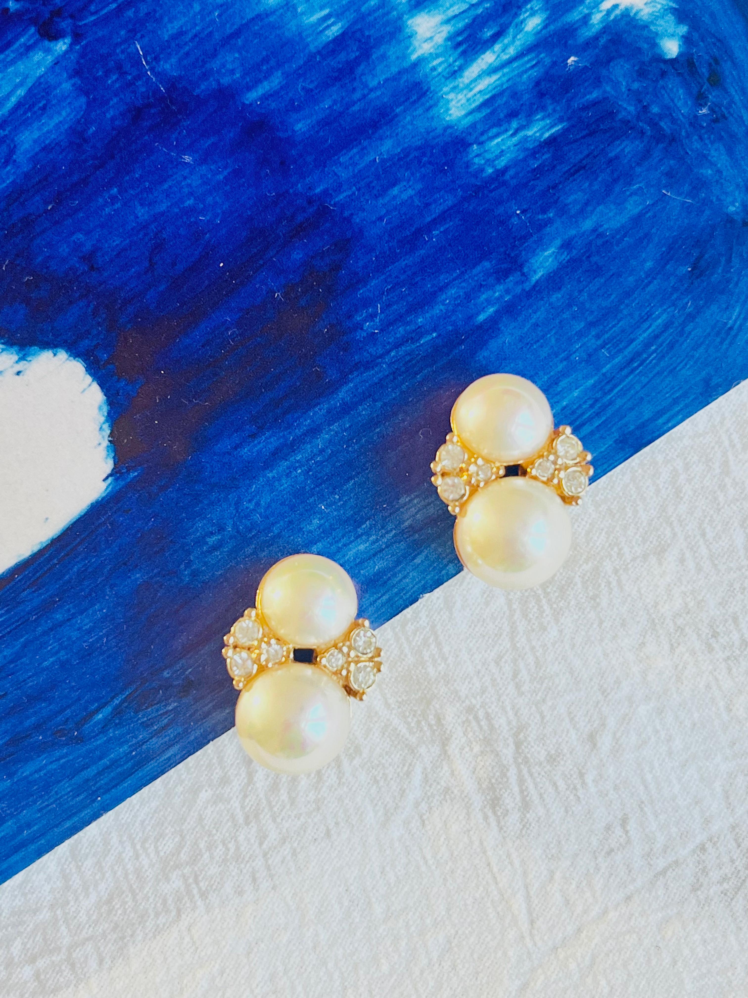Art Deco Christian Dior Vintage 1980s Double Round White Pearls Crystals Clip Earrings For Sale