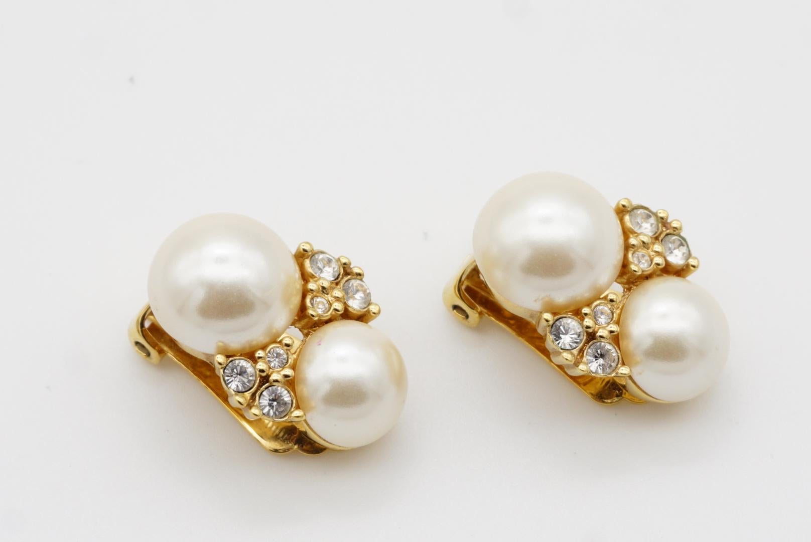 Christian Dior Vintage 1980s Double White Pearls Cluster Crystals Clip Earrings For Sale 5