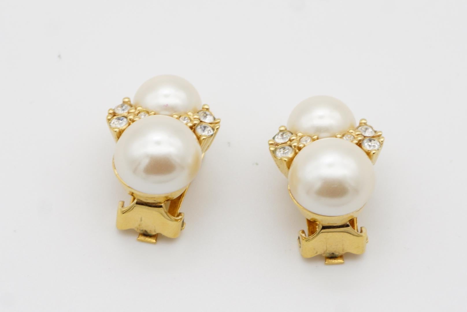 Christian Dior Vintage 1980s Double White Pearls Cluster Crystals Clip Earrings For Sale 6