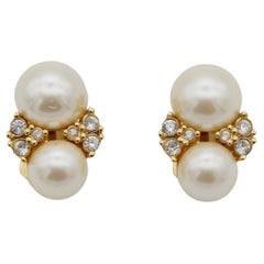 Christian Dior Vintage 1980s Double White Pearls Cluster Crystals Clip Earrings