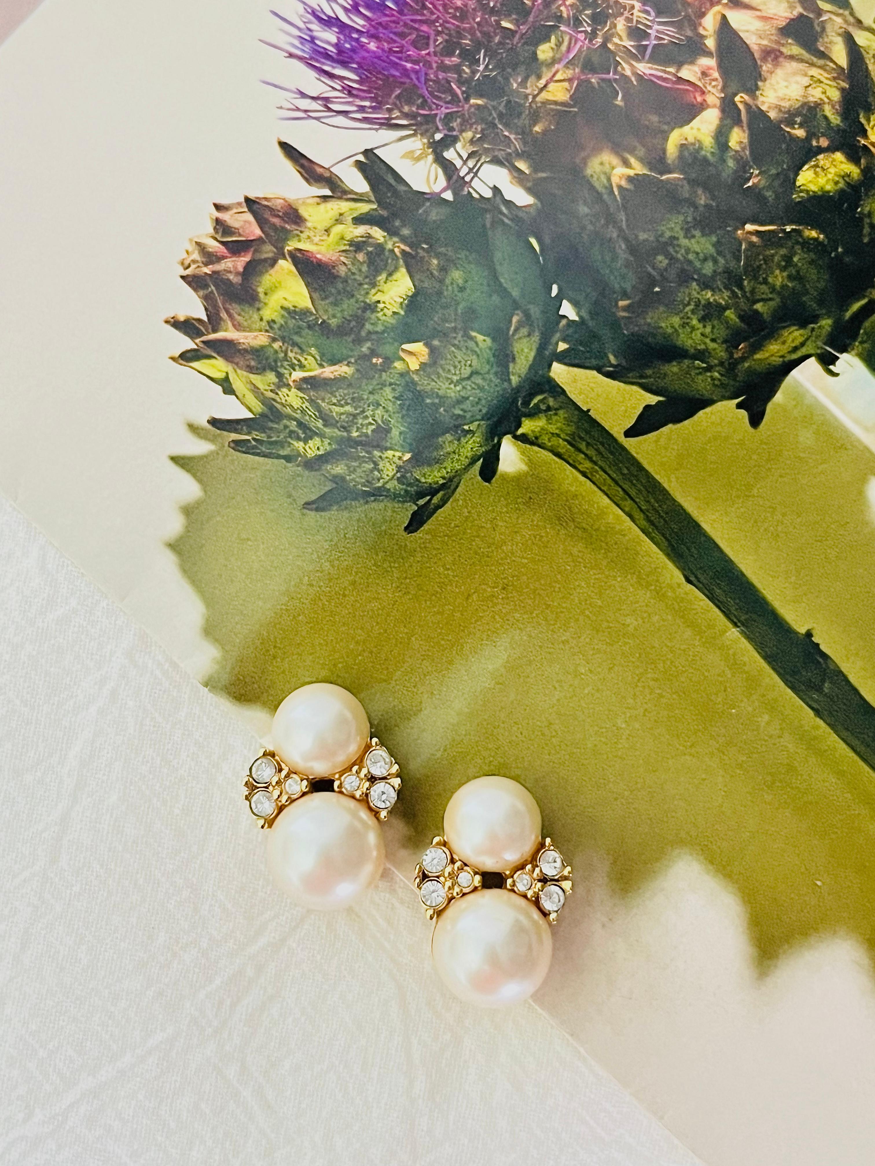 Art Deco Christian Dior Vintage 1980s Double White Pearls Cluster Crystals Clip Earrings