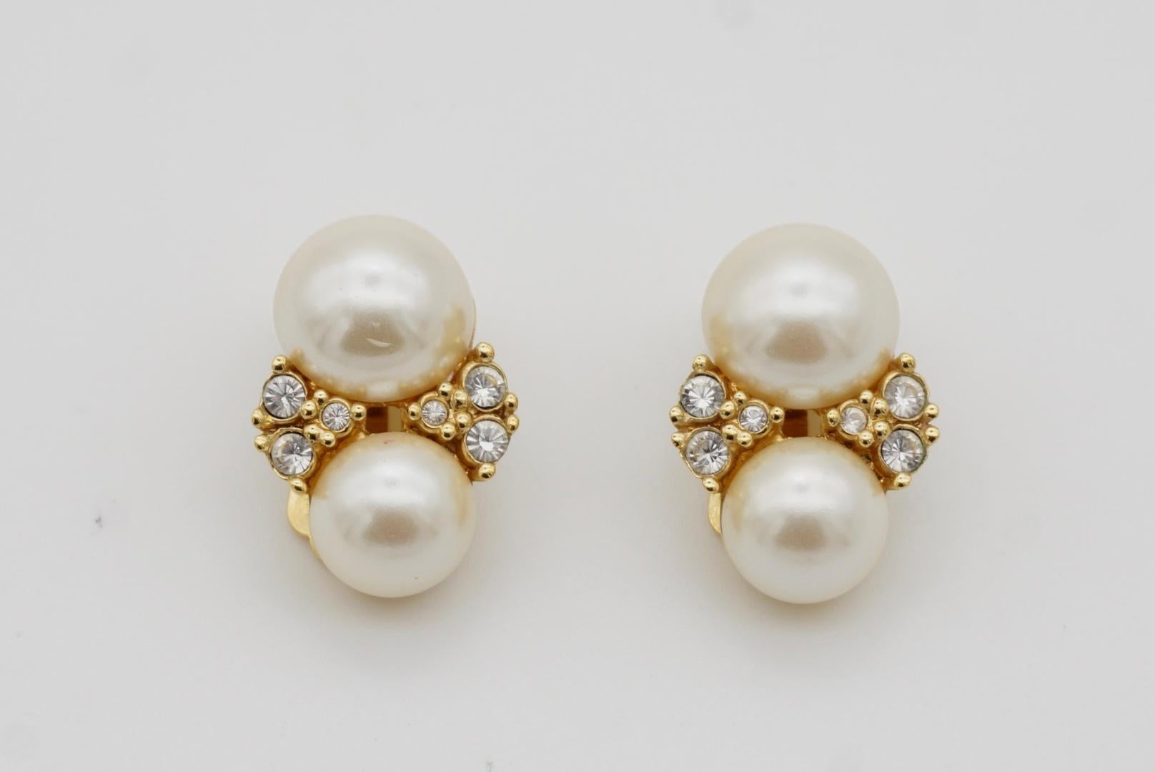 Women's Christian Dior Vintage 1980s Double White Pearls Cluster Crystals Clip Earrings