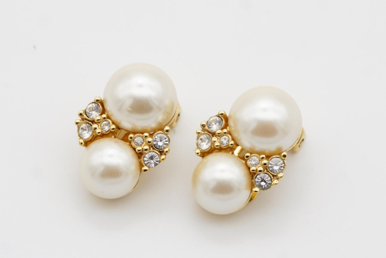 Christian Dior Vintage 1980s Double White Pearls Cluster Crystals Clip Earrings 3