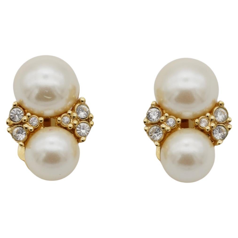 Christian Dior Vintage 1980s Double White Pearls Cluster Crystals Clip Earrings For Sale