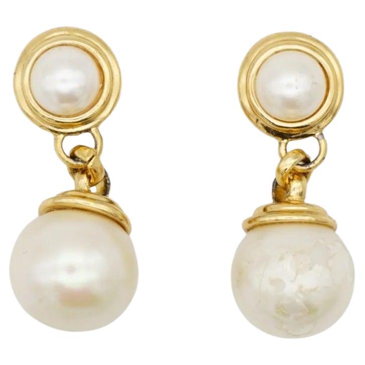 Christian Dior Vintage 1980s Double White Pearls Round Ball Drop Clip Earrings For Sale