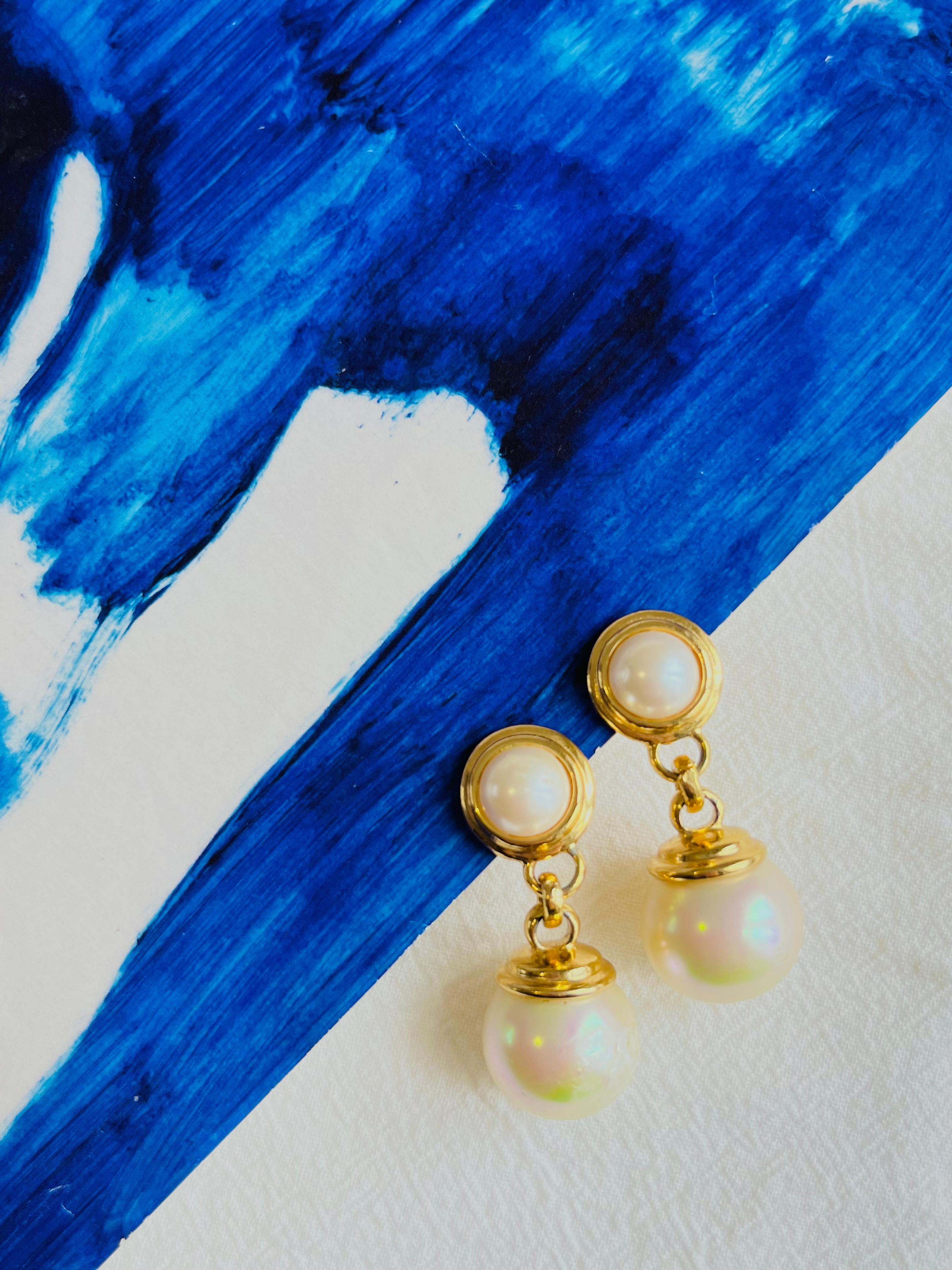 Art Deco Christian Dior Vintage 1980s Double White Round Ball Pearls Drop Clip Earrings