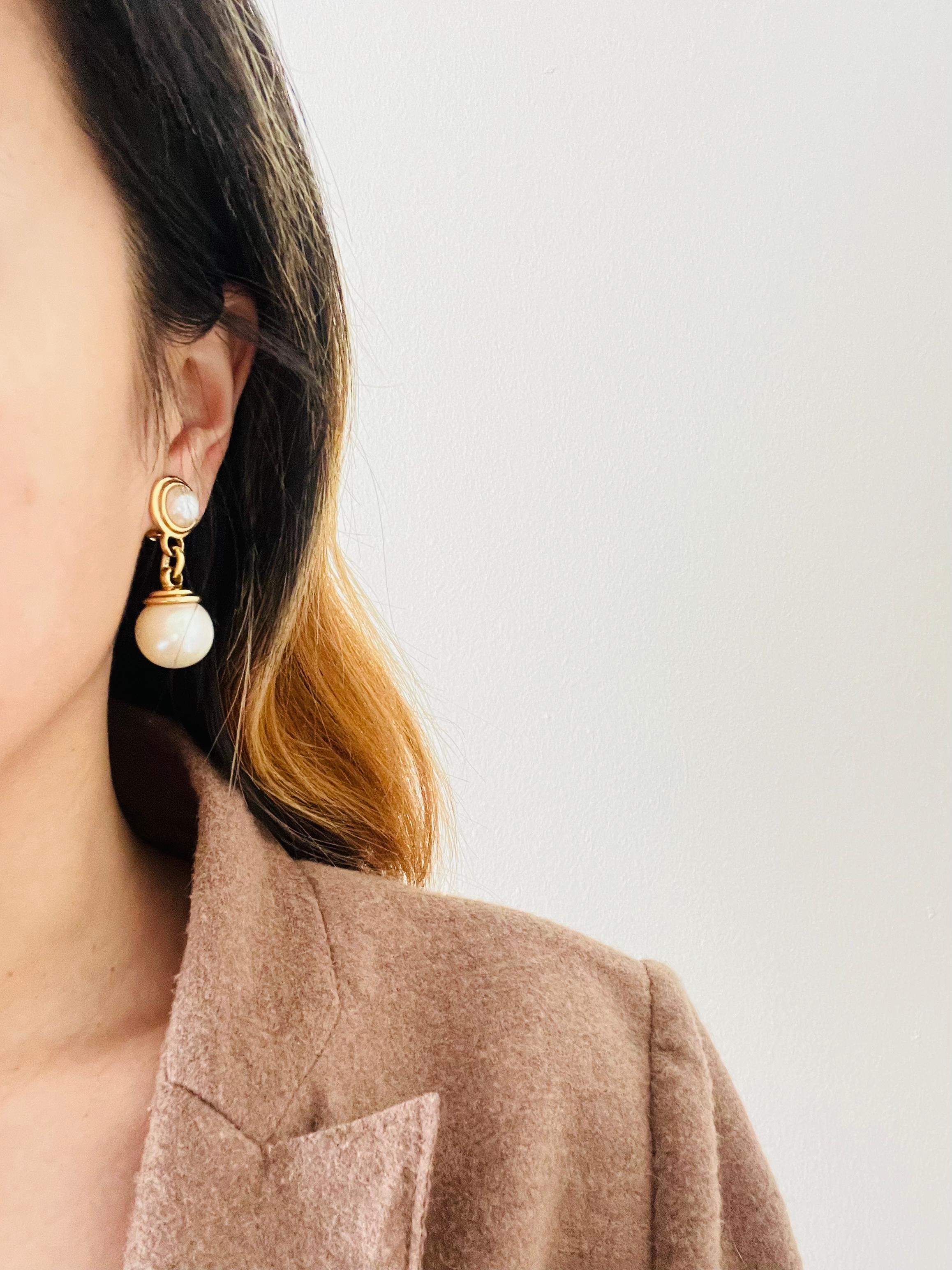 Christian Dior Vintage 1980s Double White Round Ball Pearls Drop Clip Earrings 1