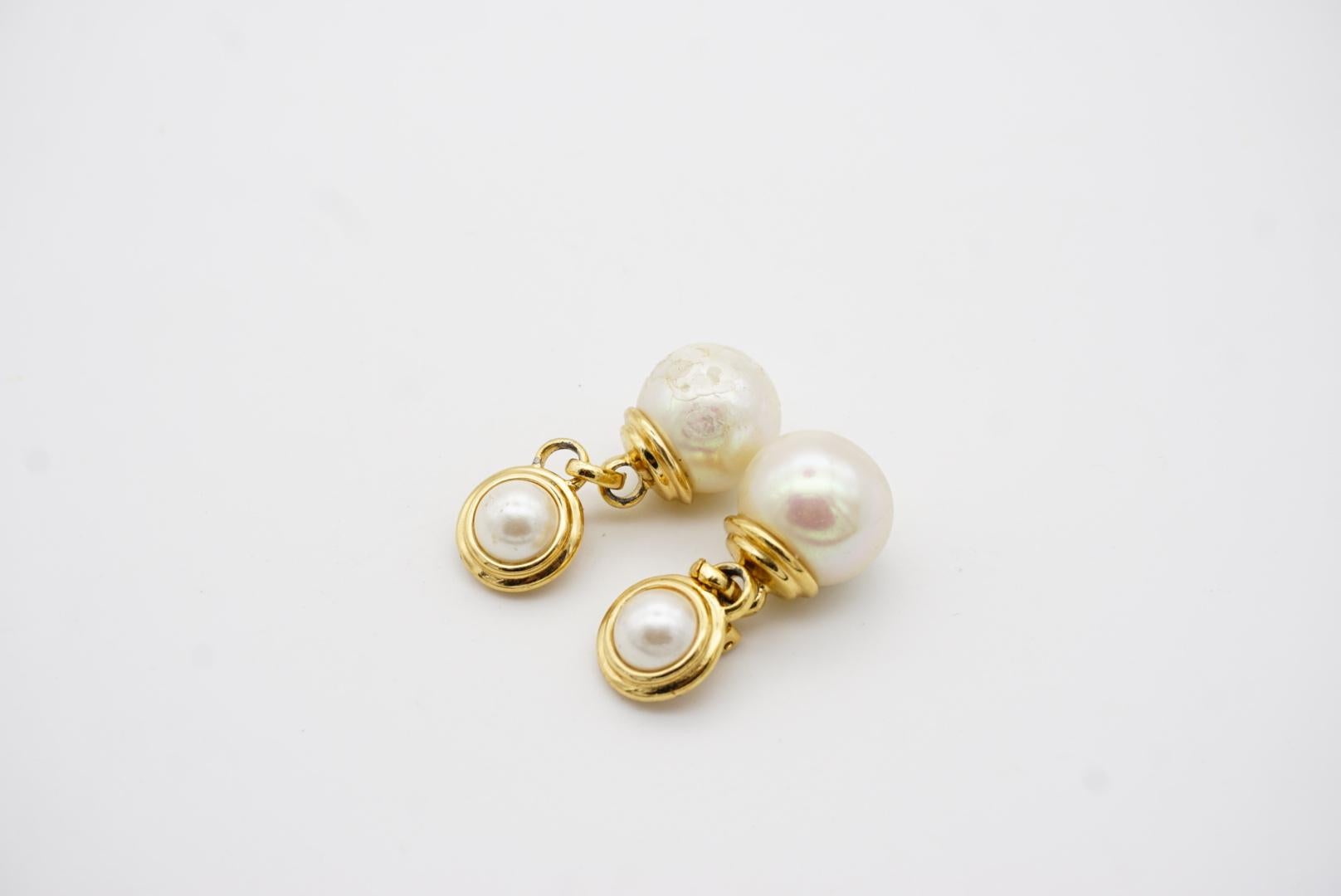 Christian Dior Vintage 1980s Double White Round Pearls Drop Gold Clip Earrings For Sale 5