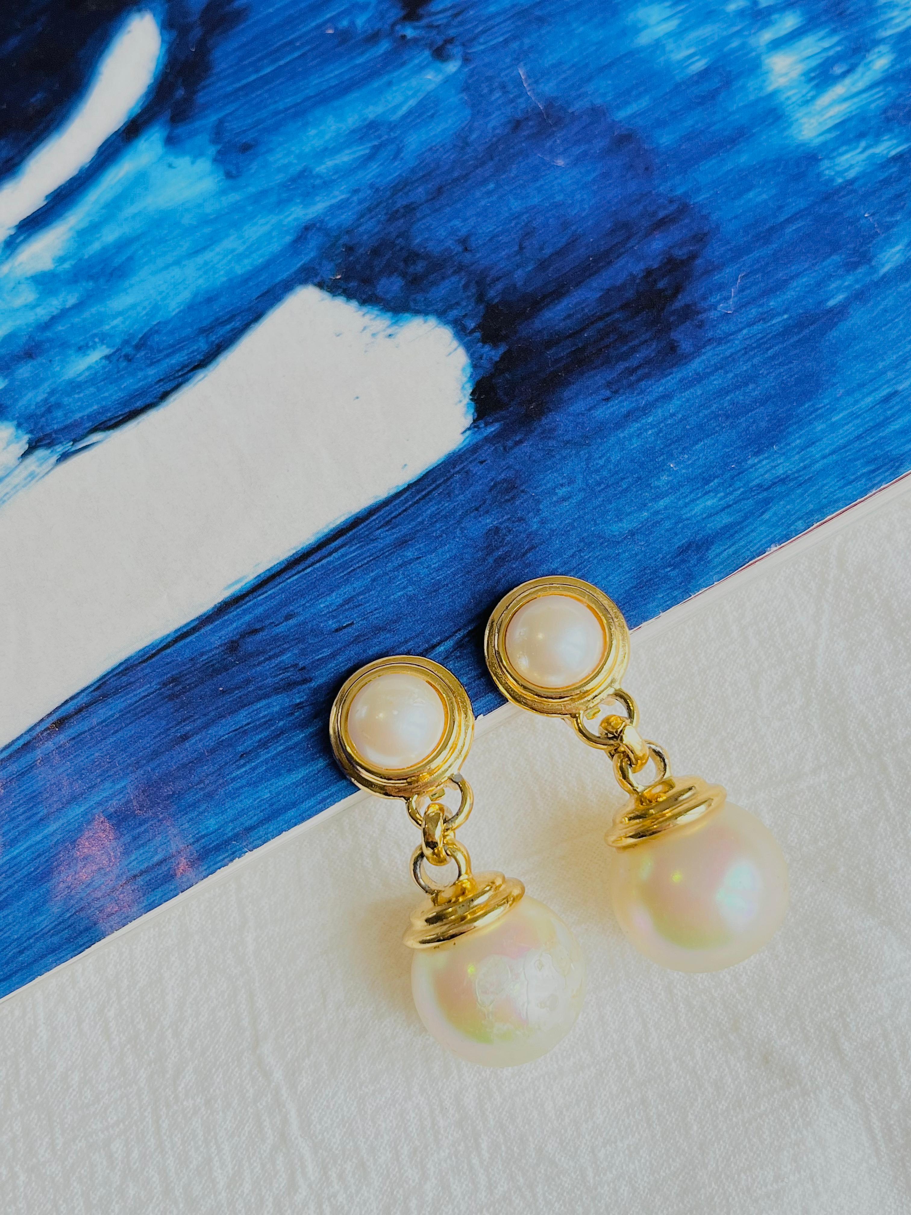 Art Nouveau Christian Dior Vintage 1980s Double White Round Pearls Drop Gold Clip Earrings For Sale